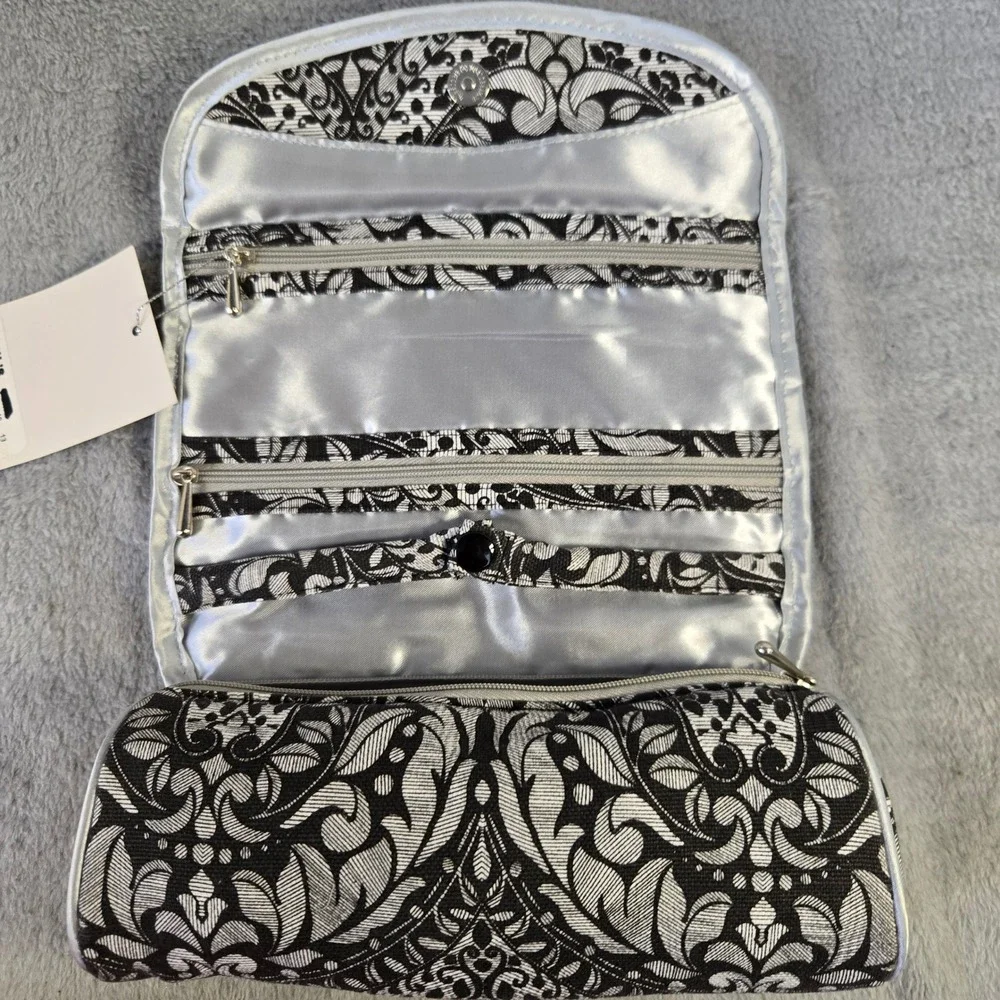 Black White Damask Brocade Jewelry Travel Case Organizer Roll Silver Trim NWT